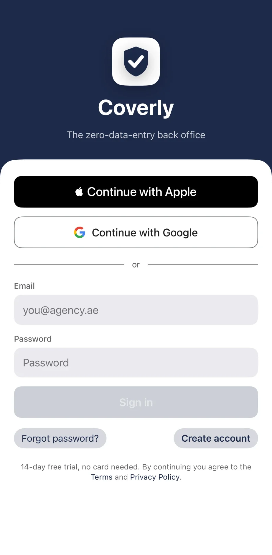 Coverly · in-app screen
