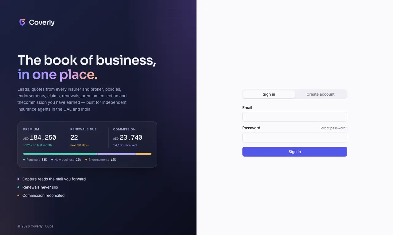 Coverly — screenshot of insurancecrm.cortix.world